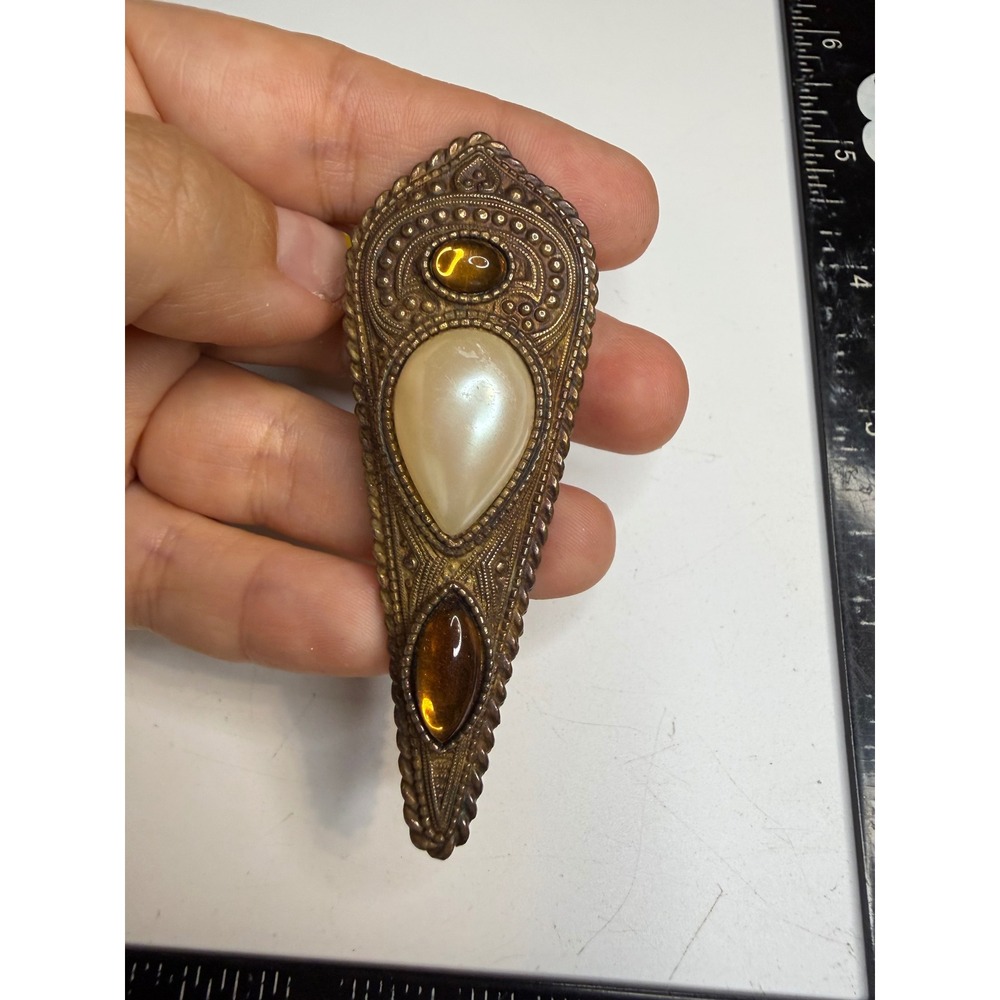 Vintage Ornate Brass Teardrop Brooch Amber Faux Pearl Cabochon Victorian Style